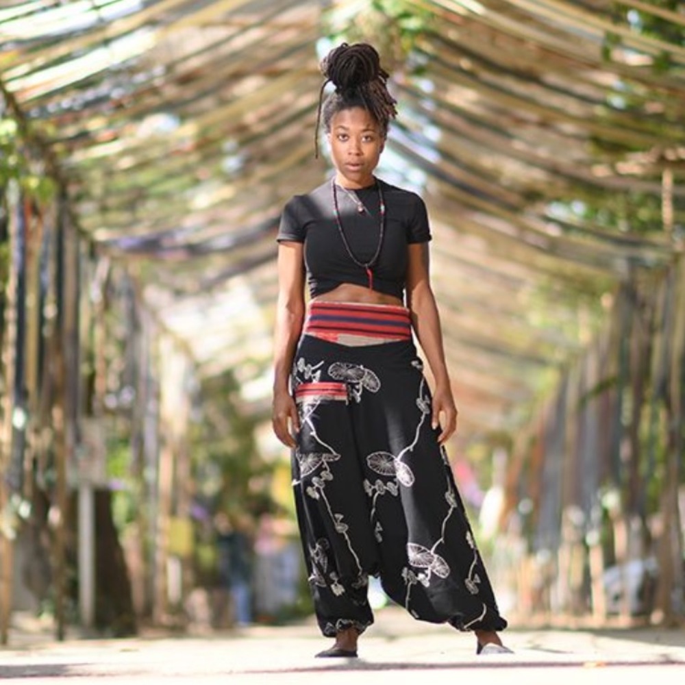 Black Floral Harem Pants with Red Waistband